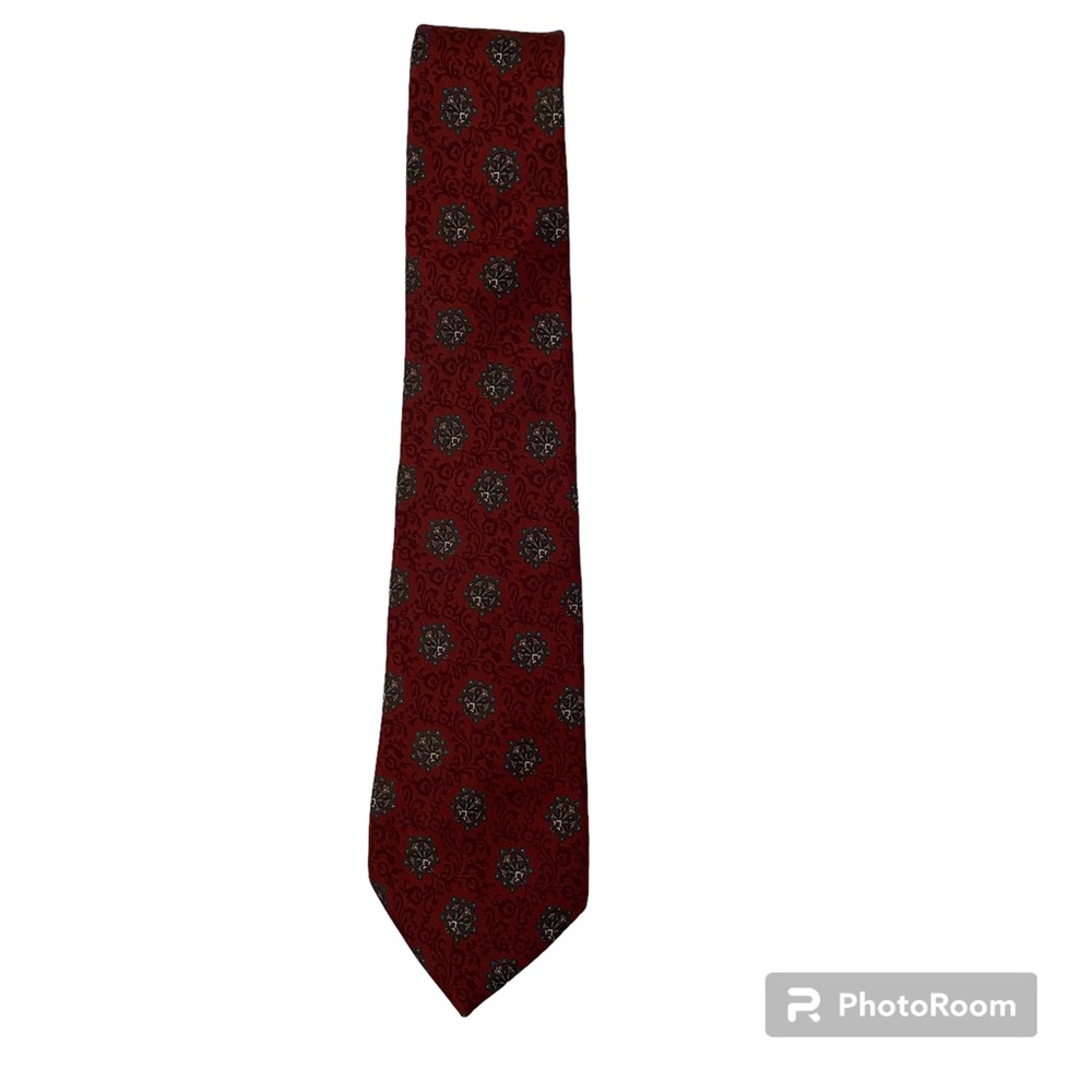 CHRISTIAN DIOR MENS TIE DARK RED SCROLLS BLUE SILK ACCESSORY DESIGNER LUXURY USA